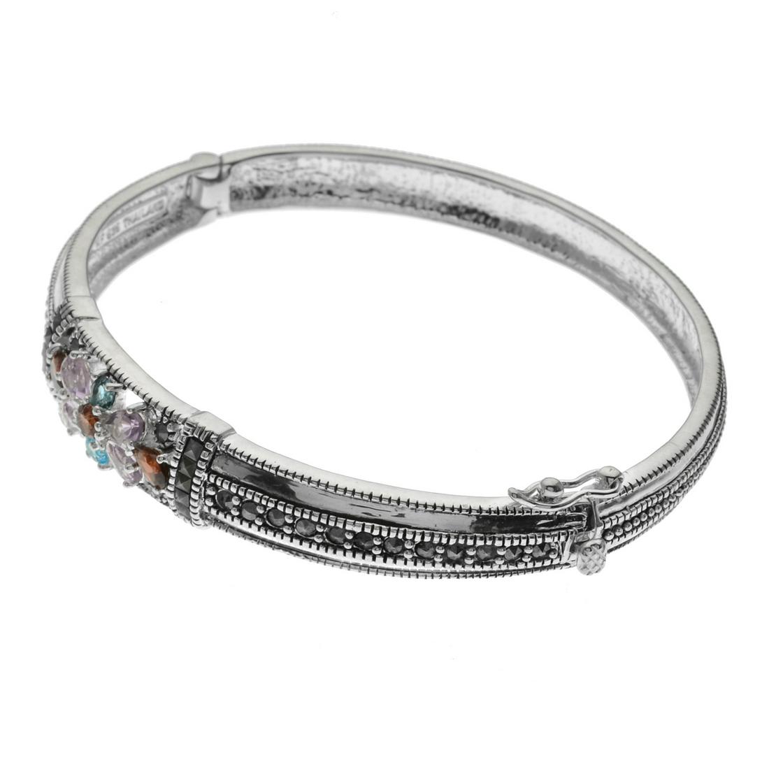 Sterling Silver Marcasite & Gemstones Hinged Cuff (1 of 2)
