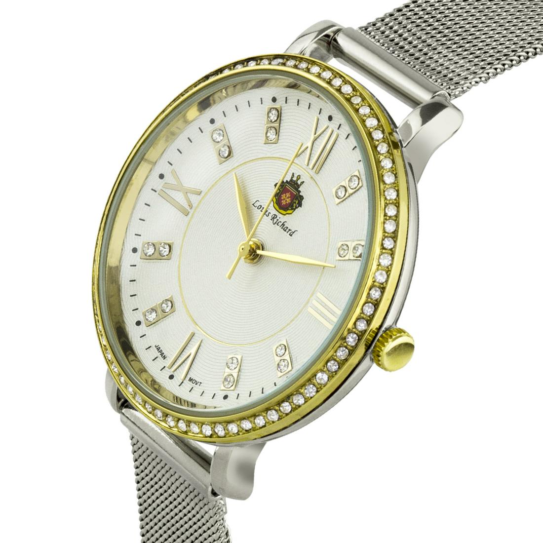 Louis Ricahrd Luxury Mesh Band Ladies Watch: A multi.layered textured dial, all stainless steel case and a beautifully designed bezel w/ crystals made from Swarovski elements make the Louis Richard a very modern design ideal for pairing with the
