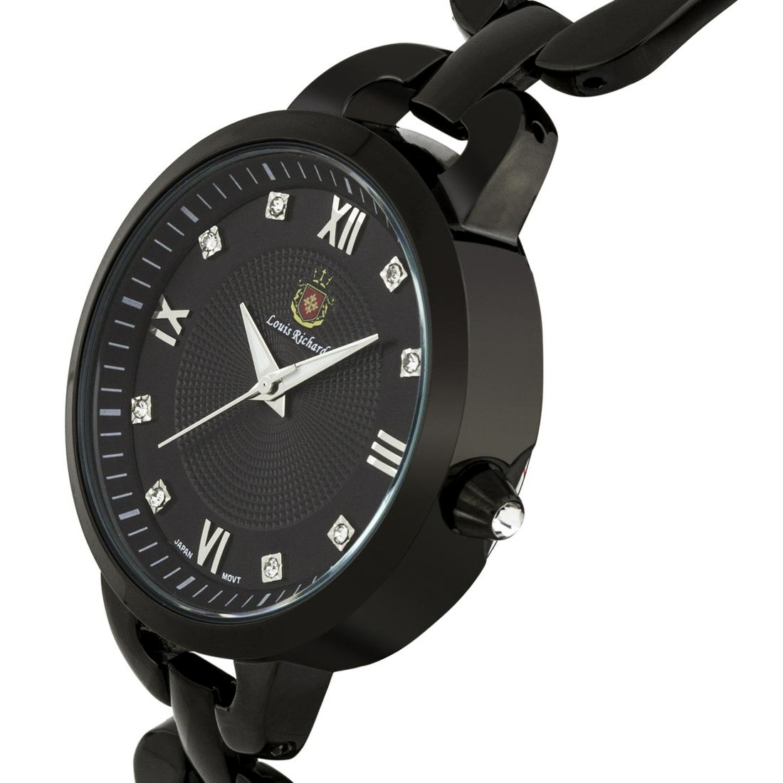 Louis Richard Felina Ladies Watch: Ion Plated Metal Bracelet Stainless Steel Back Stainless Steel Fold Over Clasp Multi Textured Moon Phase Dial Stainless Steel Push/Pull Crown with Czech Crystal