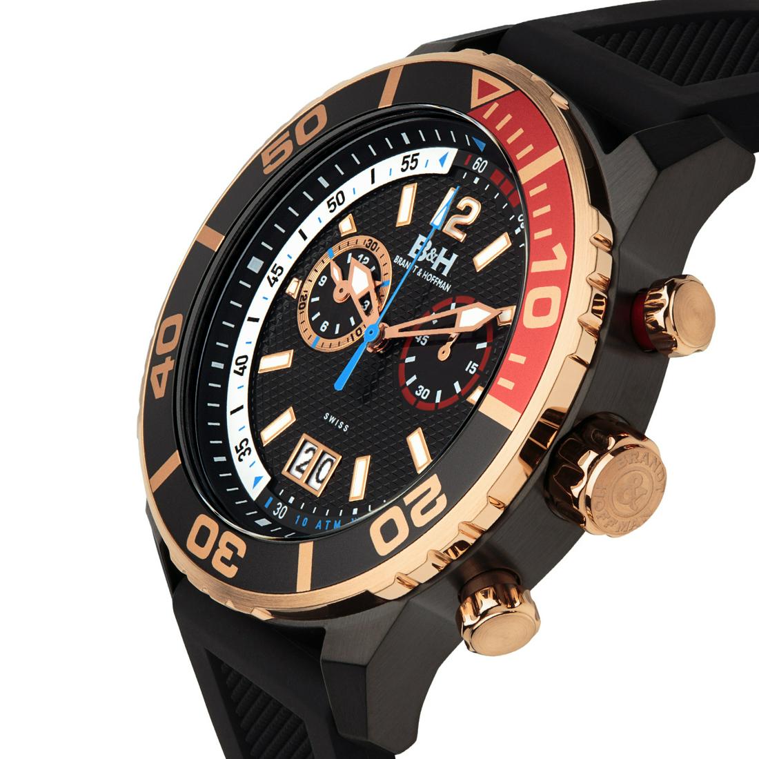 Brandt & Hoffman Swiss Chronograph Mens Watch: Movement Type:-Genuine Swiss Ronda 5020.D Movement Display Type:-Analog Water Resistant:-Water Resistant To 10ATM Case Size:-45mm x 52mm x 12mm Case Material:-Surgical Grade 316L Stainless Steel Dial