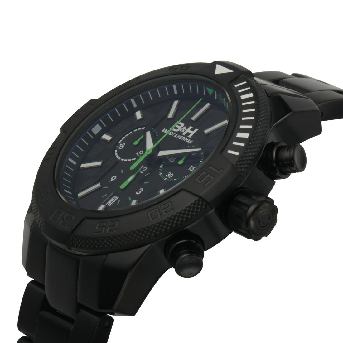 Brandt & Hoffman Swiss Chronograph Mens Watch: Movement Type:-Genuine Swiss Ronda 5030.D Movement Display Type:-Analog Water Resistant:-Water Resistant To 5ATM Case Size:-47mm x 55mm x 13mm Case Material:-All Surgical Grade 316L IP Black Stainless
