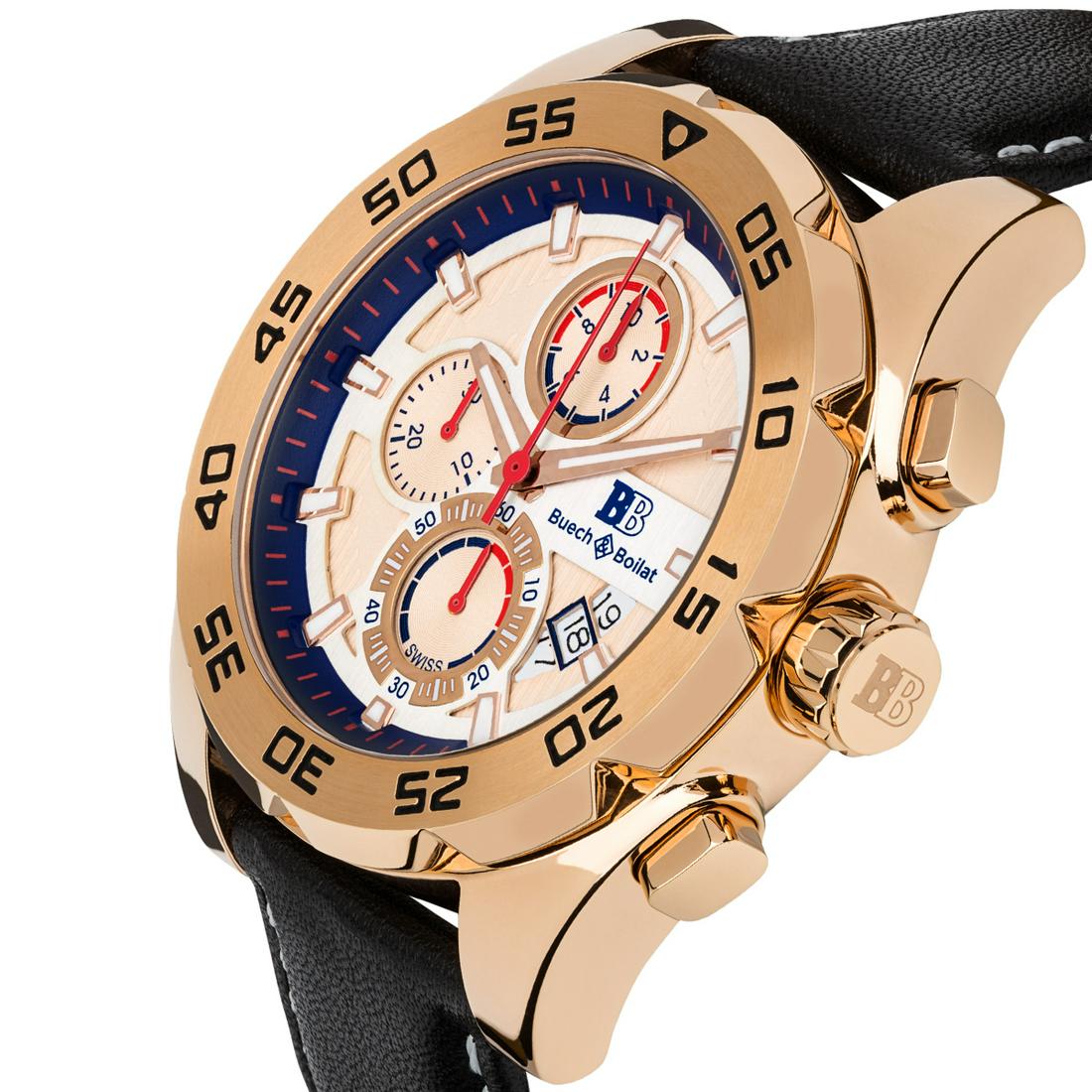 Buech & Boilat Swiss Chronograph Torent Mens Watch: Main Features: True Chronograph Functions, Swiss Ronda 3540.D Movement, Multi-Layered Dial Hands: Luminesent hands Case Shape: Round Material: Leather, Surgical Grade 316LStainless Steel Case Thicknes