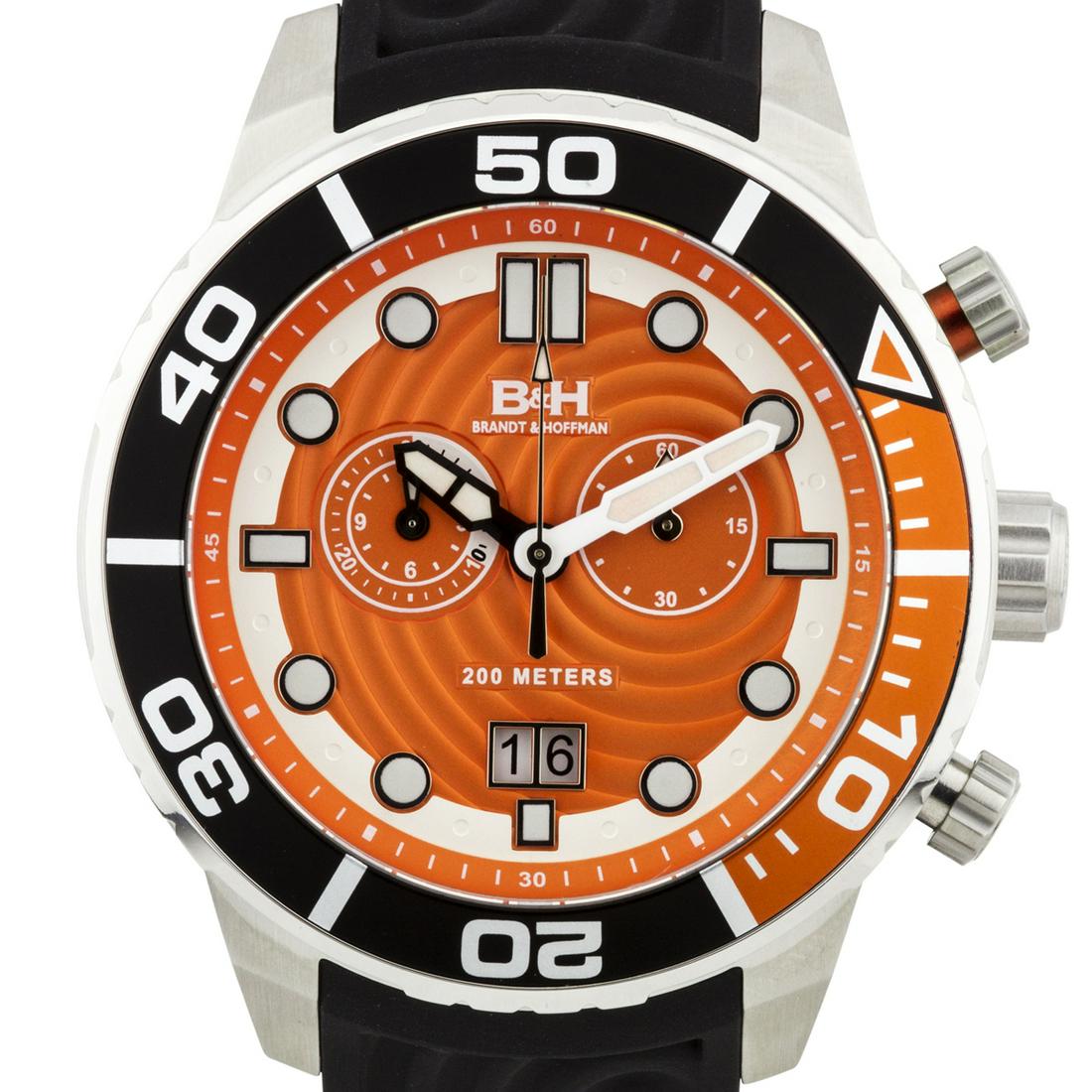 Brandt & Hoffman Men's Swiss Chronograph Watch: Silicone Bracelet Ronda 5020.B Stainless Steel case Luminesent Hands and Markers Multifunction Design Water resistant up to 200 meters Case diamiter 48mm Stainless steel Buckle Mineral Crystal A bold