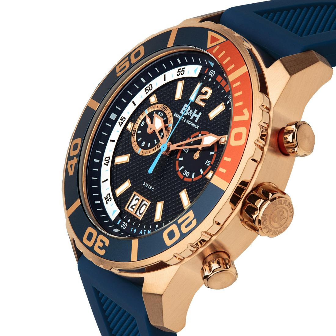 Brandt & Hoffman Swiss Chronograph Mens Watch: Movement Type:-Genuine Swiss Ronda 5020.D Movement Display Type:-Analog Water Resistant:-Water Resistant To 10ATM Case Size:-45mm x 52mm x 12mm Case Material:-Surgical Grade 316L Stainless Steel Dial