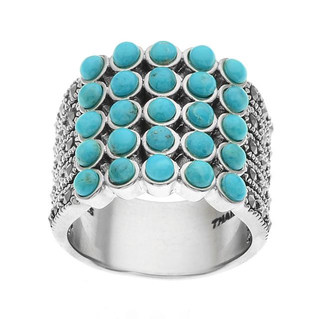 Sterling Silver Turquoise & Marcasite Ring_SZ 6: Revel in the heavenly beauty of this impressive ring from the Pangea Mines Turquoise Mecca Collection. Beautifully crafted in oxidized sterling and adorned with gorgeous genuine turquoise accented wit