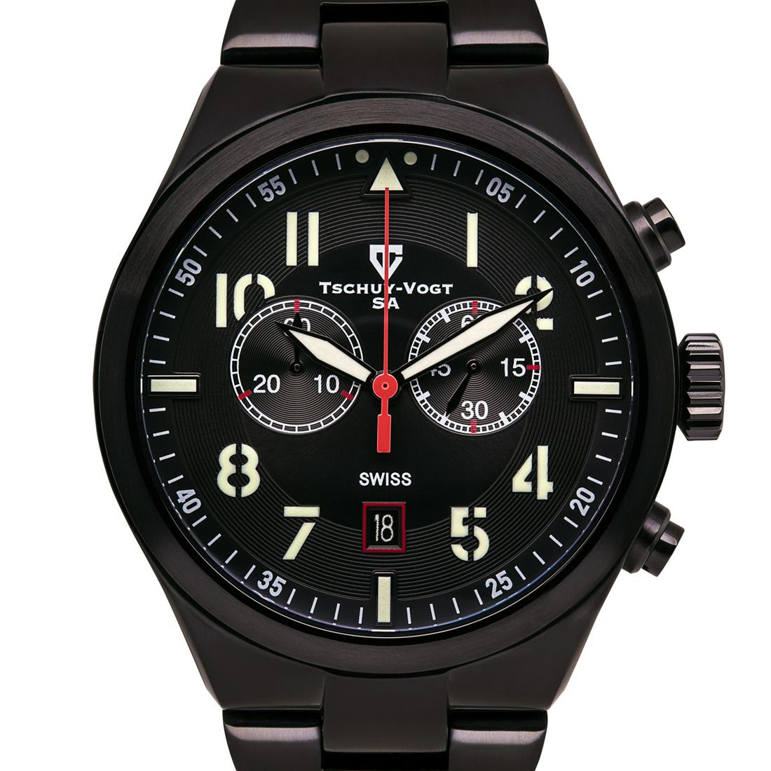 Tschuy-Vogt Swiss Chronograph Men's Watch: Main Features:Swiss Ronda 5021.D Quartz Movement, True Chronograph Functionality, SuperLuminova, Surgical Grade 316L Stainless Steel, Sapphire Crystal, Multi-Textured Dial, Visible Date Window Hands: