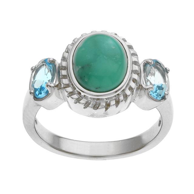 Silver Turquoise & Topaz Three Stone Ring-SZ 7: Blue Campo Frio Stabilized Blue Campo Frio Turquoise: One oval 9 x 7mm cabochon Swiss Blue Topaz: Two oval cut 6 x 4mm Ring Details Metal: Rhodium over sterling silver Setting Type: Bezel/Adhesive App