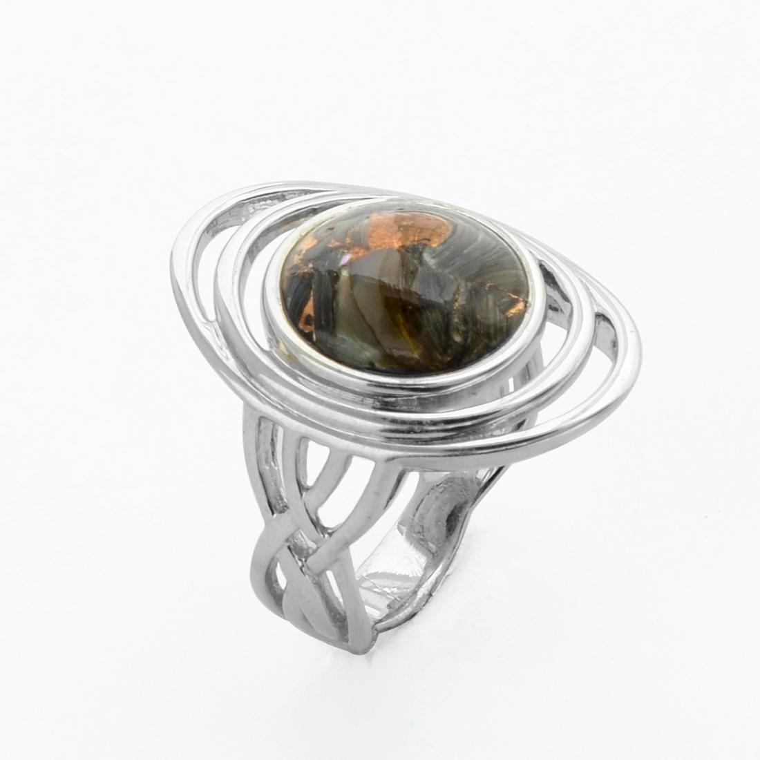 Silver 12mm Bronze Abalone Elongated Ring-SZ 6: Metal: Rhodium over sterling silver Stone Information: One round 12mm bronze abalone cabochon Setting Type: Bezel/Adhesive Measurements: 15/16"L x 3/4"W x 3/16"H Country of Origin: Thailand