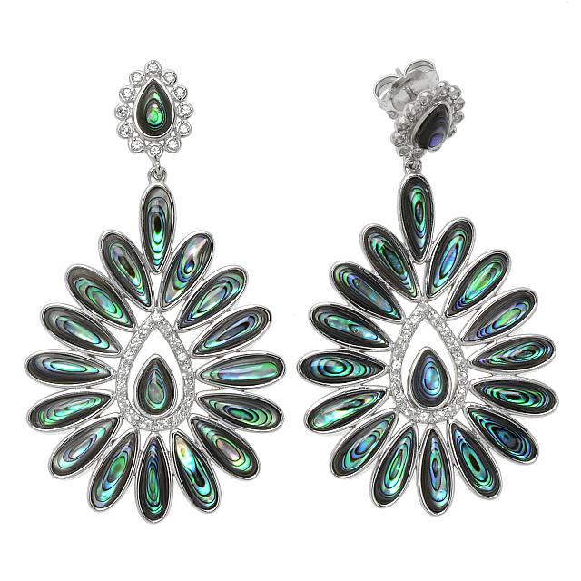 Silver Abalone & White Topaz Flower Drop Earrings: • Genuine abalone & white topaz • 1.10cwt white topaz • Comfortable butterfly backs • Gleaming rhodium over fine sterling silver