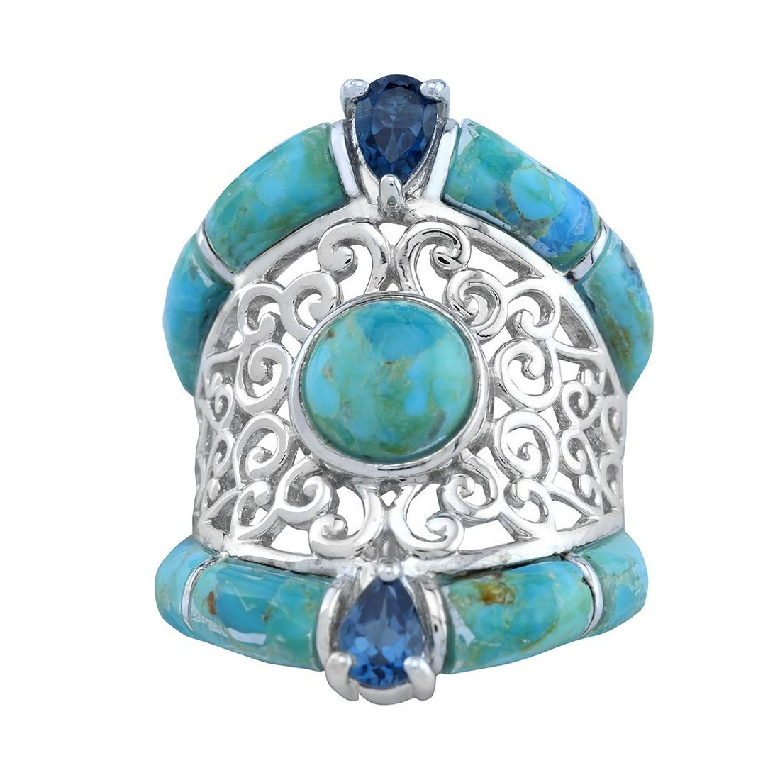 Silver Turquoise & Blue Topaz Scrollwork Ring-SZ 9 (1 of 3)