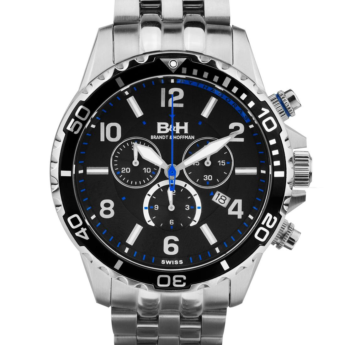 Brandt & Hoffman Men's chronograph, Swiss Made: Brandt & Hoffman Pythagoras Chronograph Mens Watch - Black Dial, IP Black Bracelet, IP Black Case chronograph Genuine Swiss Ronda 3050.D Movement Stainless Steel Case Stainless Steel Bracelet Divers F
