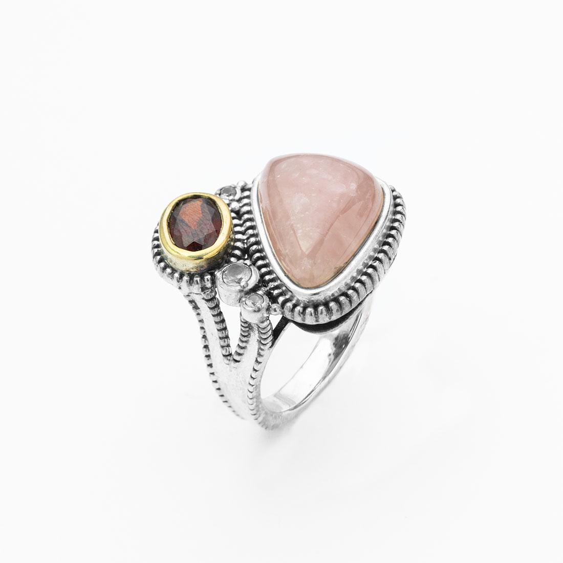 Sterling Silver Quartz, Garnet & Topaz Ring-SZ 7: • Genuine strawberry quartz, garnet & white topaz • Setting: Bezel/ Adhesive • Measurement: 20mm L x 20mm W x 8mm H • Gleaming rhodium over fine sterling silver • Disclai