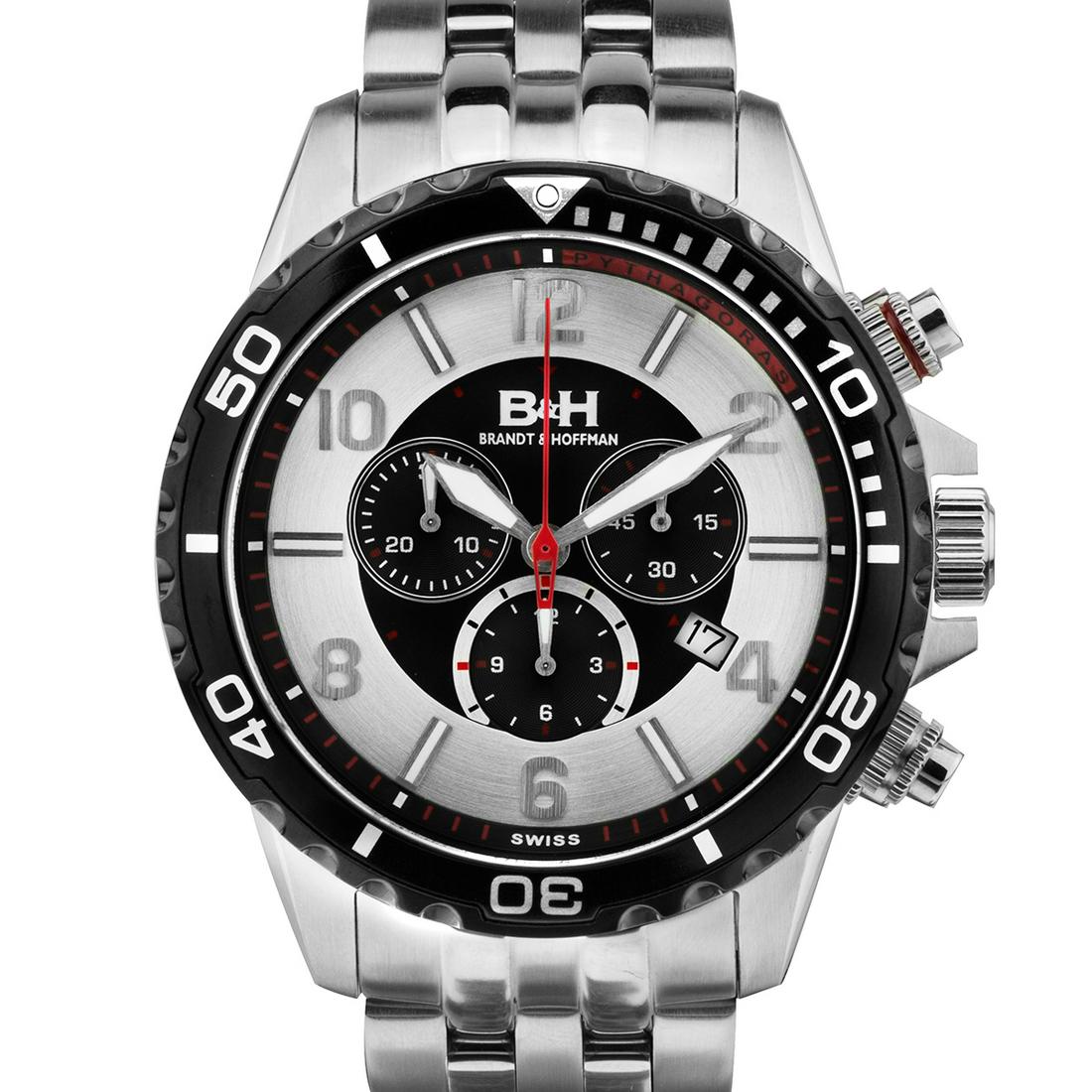 Brandt & Hoffman Men's chronograph, Swiss Made: Multi Colored dial, visible date window, Chronograph, multifuction, luminesent dial and markers. Stainless steel, push-pull, screw down, 10ATM IP metal bracelet, and buckle, 22mm x 200mm Swiss RONDA 5