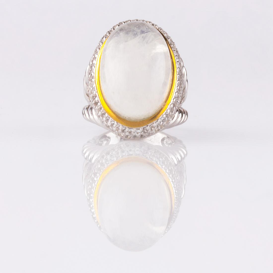Sterling Silver Moonstone & White Topaz Ring-SZ 7: • Genuine moonstone & white topaz • One oval cabochon 20x15mm • Halo of white topaz • 14K gold accent bezel and gleaming rhodium over fine sterling silver