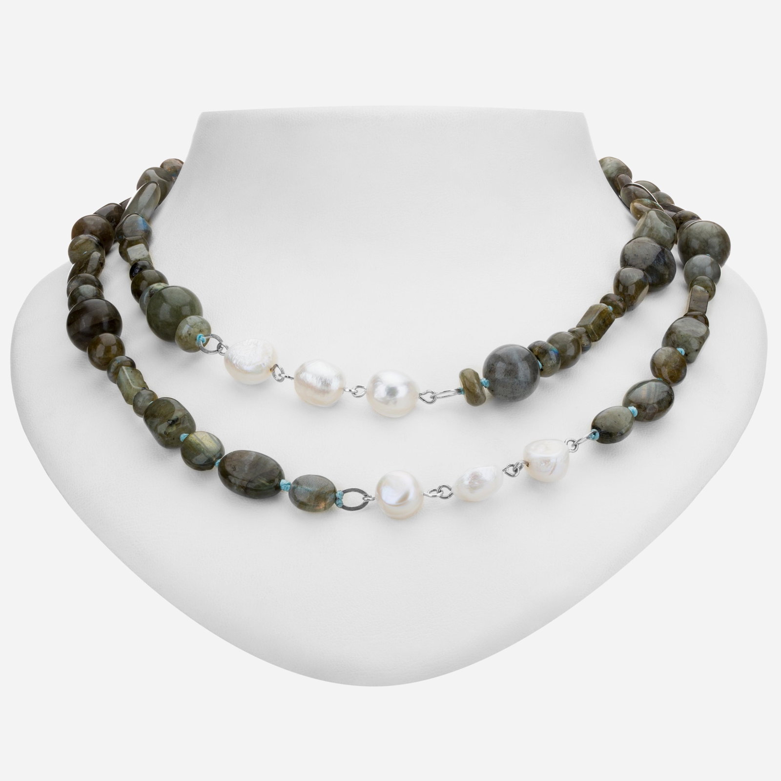 Silver Labradorite & Pearl Bead Necklace 42": Stately labradorite with its wonderful labradorescence interplay of colors and freshwater pearls with their rich elegance beautifully complement each other in this striking 42” necklace from Tar