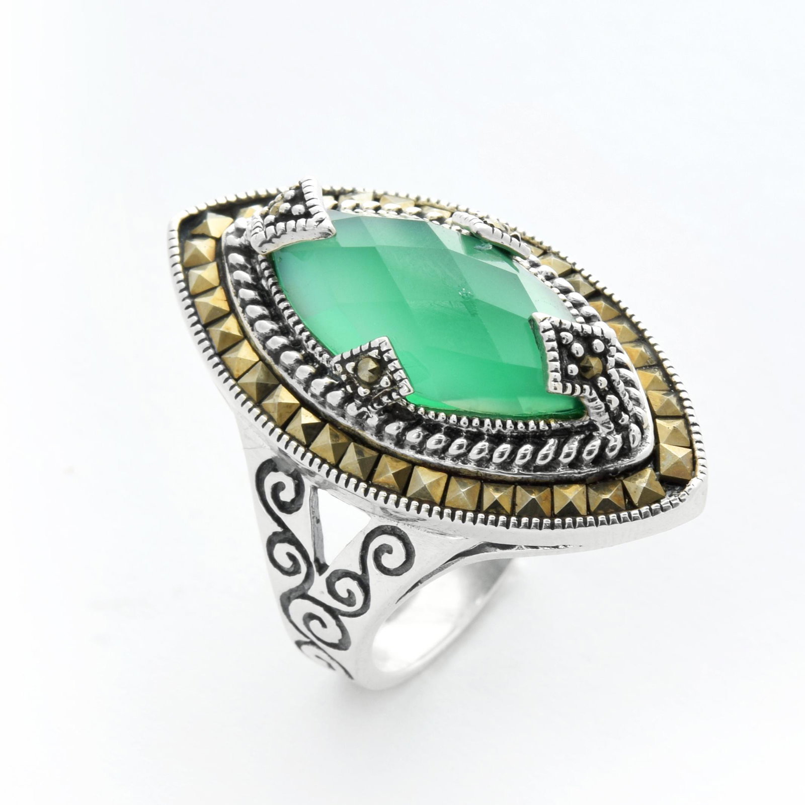 Sterling Silver Green Agate & Marcasite Ring-SZ 5: Addison Lane calls upon classic styling with a unique vintage feminine flair to create this gorgeous ring from the Felicity Collection. Beautifully crafted in oxidized sterling silver and adorned with