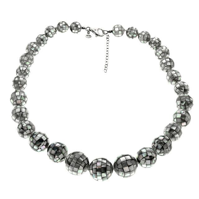 Sterling Silver Grey Mosaic MOP Bead Necklace 19": • Genuine grey mosaic mother of pearl bead • Graduated setting and hand strung • 19 inch length • Lobster clasp • Gleaming rhodium over fine sterling silver