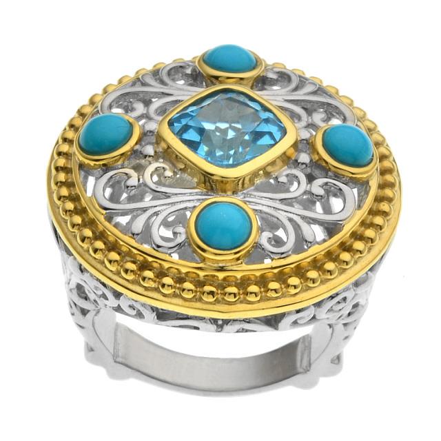 Silver 2.75ct Blue Topaz & Turquoise Ring-SZ 10 (1 of 2)