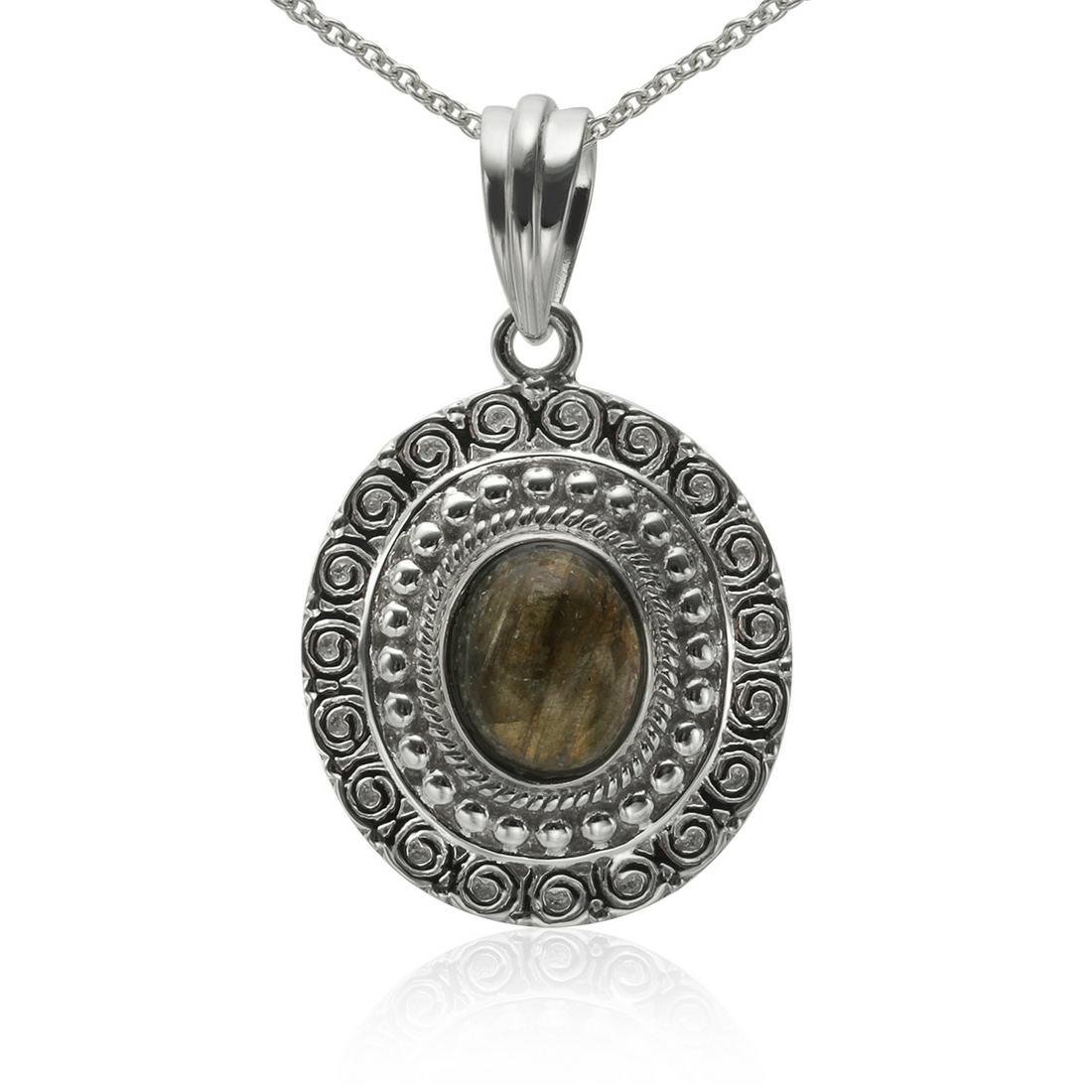 Sterling Silver Oval Labradorite Pendant: Metal: Rhodium over sterling silver Stone Information: One oval 11 x 9mm coated labradorite cabochon Setting Type: Adhesive Measurements: Pendant: 1-1/2"L x 1"W x 5/16"H Chain: 18"L Country of Origin: