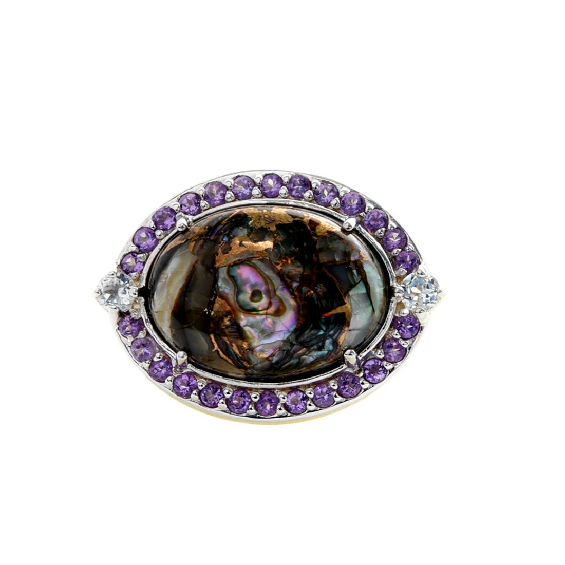 Silver Bronze Abalone East-West Halo Ring-SZ 8: Bronze Abalone/Amethyst Compressed and Stabilized Bronze Abalone: One oval 18 x 13mm cabochon Amethyst: 26 round modified-brilliant cut 1.75mm White Topaz: Two round modified-brilliant cut 3mm Ring De