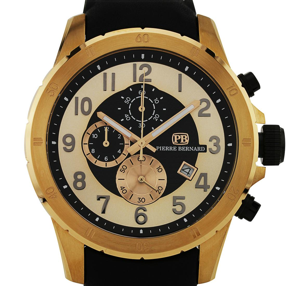 Pierre Bernard Macallan Men's Watch: Hands: Luminescent Caseback Type: Screw-down Age: Adult Strap Color: Black Type: Analog, Chronograph Caseback Material: Stainless Steel Product Features: Calendar Date, Second Timekeeping, Water Resis
