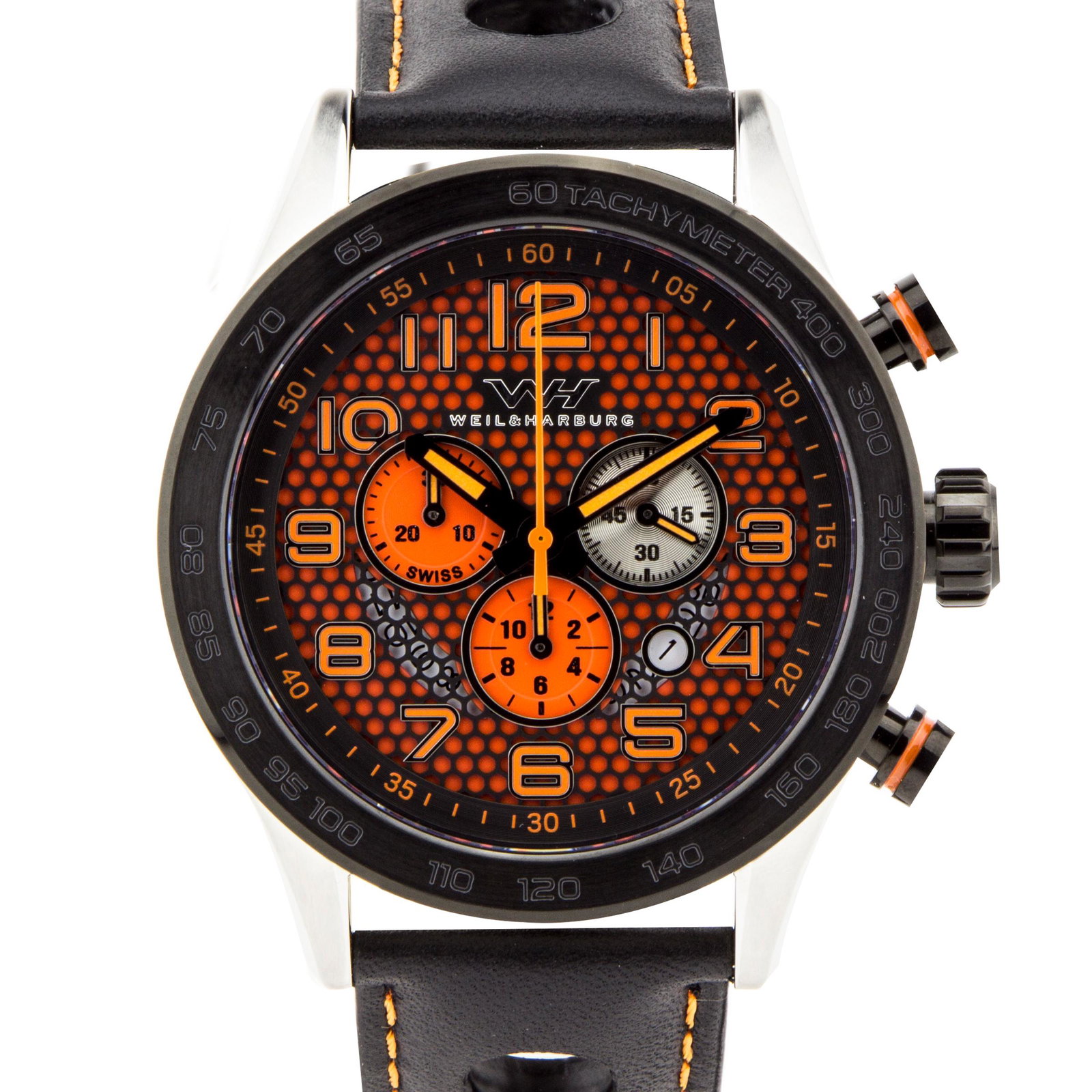 Weil & Harburg Karkin Mens Chronograph Watch: Multi colored, multi textured dial, open date window, lumonesent haands and markers 13mm x 49mm x x200mm Stainless steel, pull-down, pull-down 10ATM Leather strap, stainless steel buckle, 24mm x 200mm