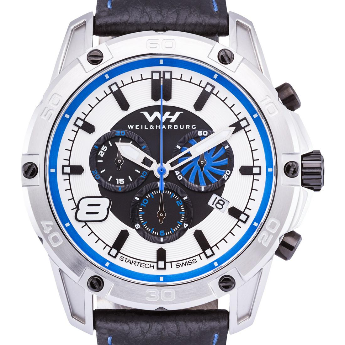 Weil & Harburg Swiss Chronograph Huxley Men Watch: Main Features: Swiss Movement, True Chronograph, Visible Date Window Hands: Luminescent hands Case Shape: Round Material: Stainless Steel, Genuine Leather Case Thickness: 13mm Strap Width: 20mm Strap