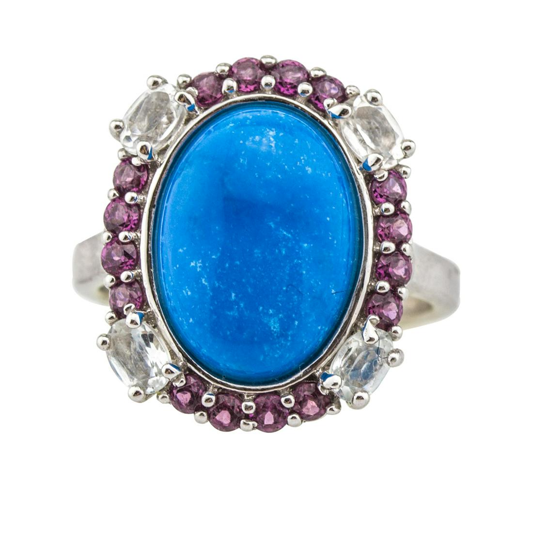 Sterling Silver Ceruleite & Garnet Halo Ring-SZ 10: One oval ceruleite cabochon captures the spotlight in a north-south orientation at the center of the ring. Four oval cut white topaz spread out to mark the corners of the featured stone while a collec