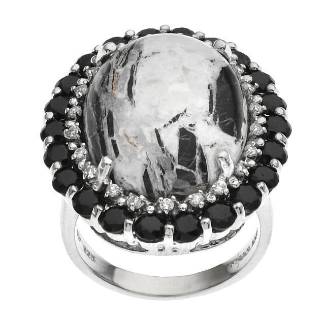 Silver White Buffalo, Spinel & Topaz Ring-SZ 9: • Genuine white buffalo, black spinel & white topaz • 2.86ct black spinel & 0.20ct white topaz • An oval cabochon at the center with a halo of gemstones • Gleaming rhodium over