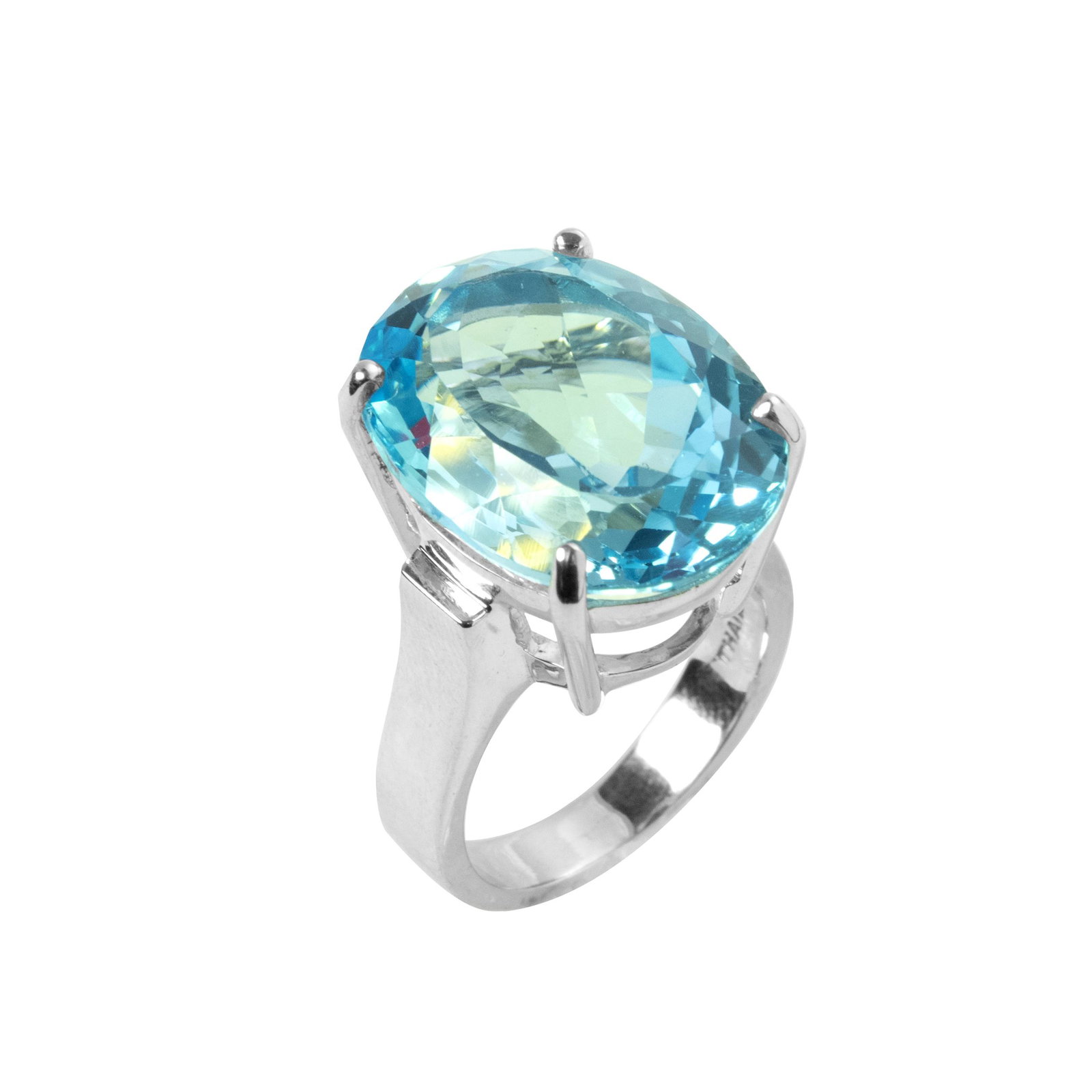 Silver 19.95ctw Sky Blue Topaz Solitaire Ring-SZ 5.5: • Genuine sky blue topaz • 19.95ct topaz • One oval cut 20 x 15mm sky blue topaz • Gleaming rhodium over fine sterling silver • Topaz is the birthstone for the month of D