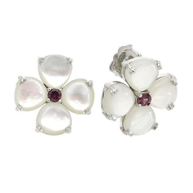 Silver White MOP & Garnet Flower Stud Earrings (1 of 1)