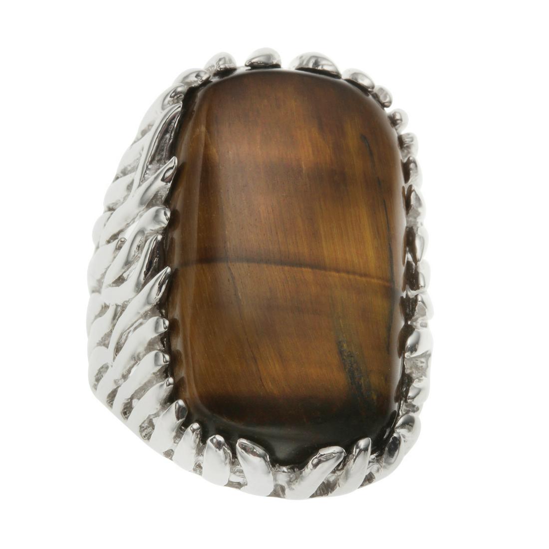 Sterling Silver Cushion Cut Tiger's Eye Ring_SZ 10: • Genuine tiger's eye • A cushion cut cabochon 25x15mm • Open waved lines around the shank • Gleaming rhodium over fine sterling silver