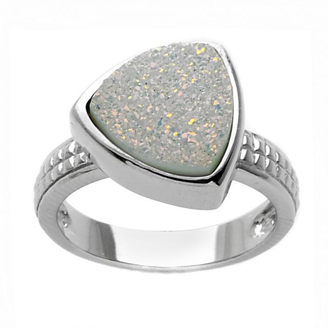 Sterling Silver 10mm Snow Opal Drusy Band Ring_SZ7: • Genuine snow opal drusy • Triangular shape 10mm • Square shape texture on the upper shank • Gleaming rhodium over fine sterling silver
