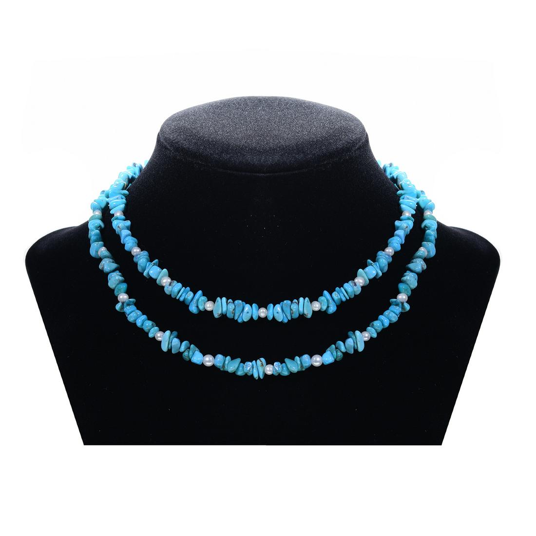 Silver Turquoise Chips & Pearl Necklace 26" (1 of 3)
