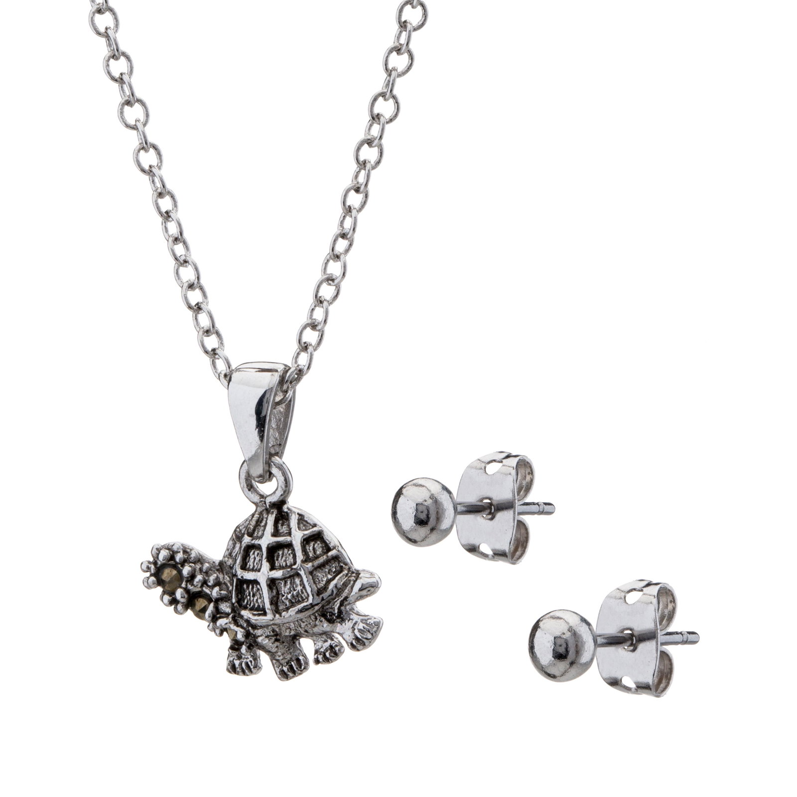 Set of Earrings & Pendant-Marcasite Turtle: A complete look from Romilly! A lovely, detailed Turtle pendant is crafted in gleaming silver plate and embellished with genuine marcasite pavé and matched with ball stud earrings to create a str