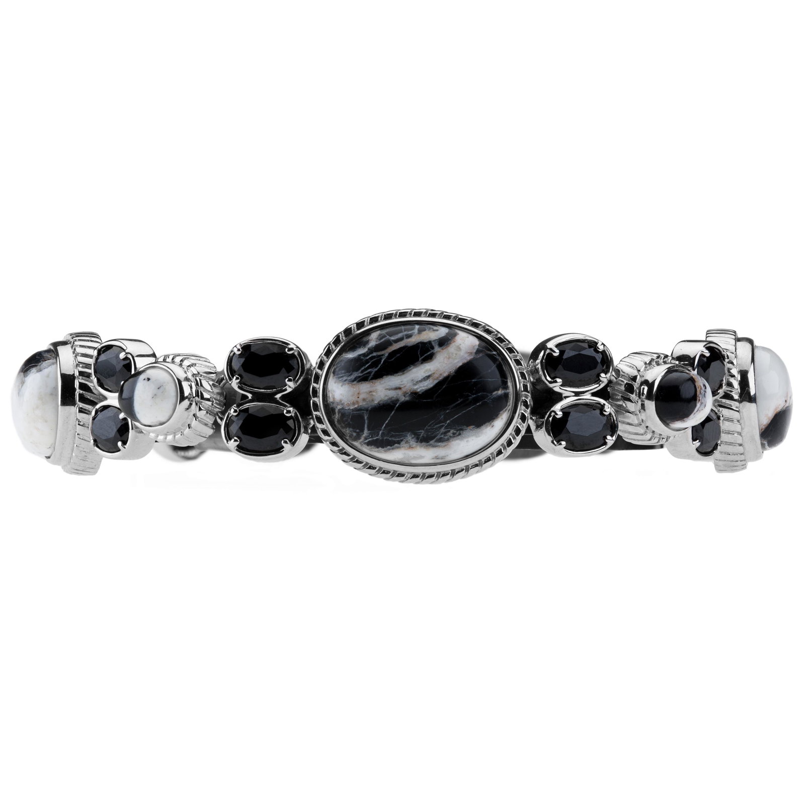 Silver White Buffalo & Spinel Bracelet 6.7": Pangea Mines Treasured Gems Collection Genuine sparkling black spinel & white buffalo gemstones adorn this lovely design from the Pangea Mines Treasured Gems Collection. Crafted in gleaming rhodium ov