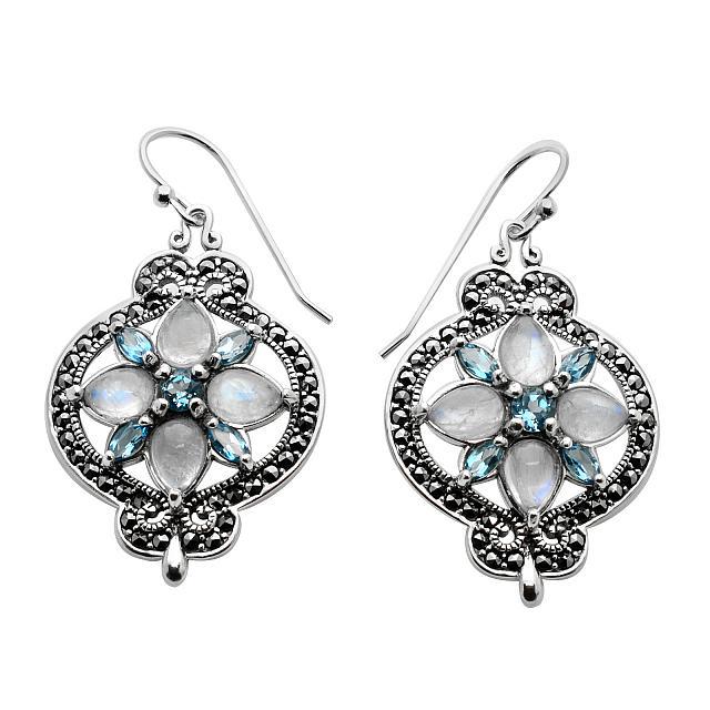 Silver Moonstone, Topaz & Marcasite Earrings: Metal: Sterling Silver_x000D_ Stone Information:_x000D_ Rainbow moonstone: pear shape 7x5mm and Various shapes blue topaz and marcasite_x000D_ Setting Type: Prong_x000D_ Measurements: 47mm L x 25mm W 