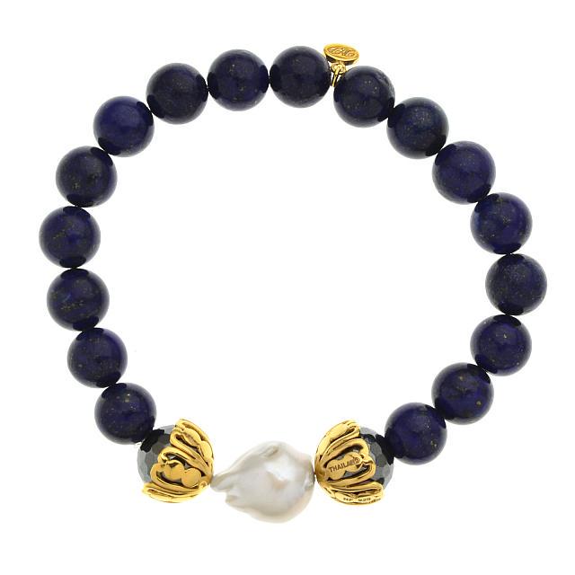 14K Vermeil 10MM Lapis Beads Stretch Bracelet 6.5" (1 of 1)