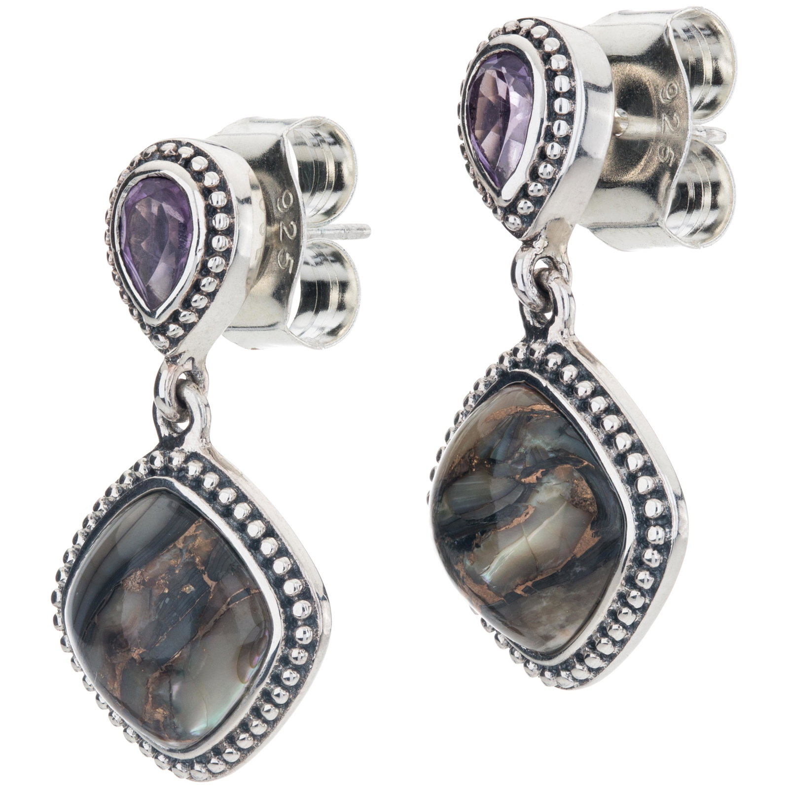 Silver Bronze Abalone & Amethyst Drop Earrings_x000D_: 925 Sterling Silver _x000D_ Pangea Mines crafts beautiful drop earrings with a cushion shaped iridescent bronze abalone cabochon accented with a genuine pear cut amethyst gemstone and a beaded border.