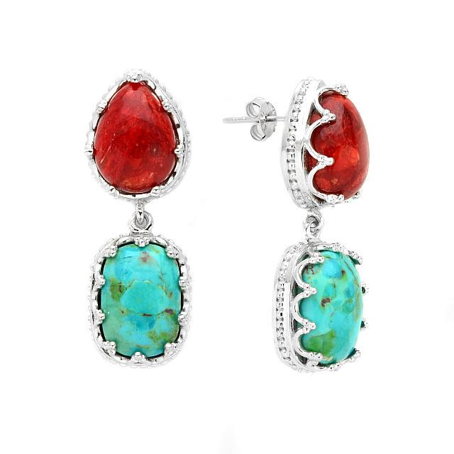 Sterling Silver Turquoise & Coral Drop Earrings (1 of 1)