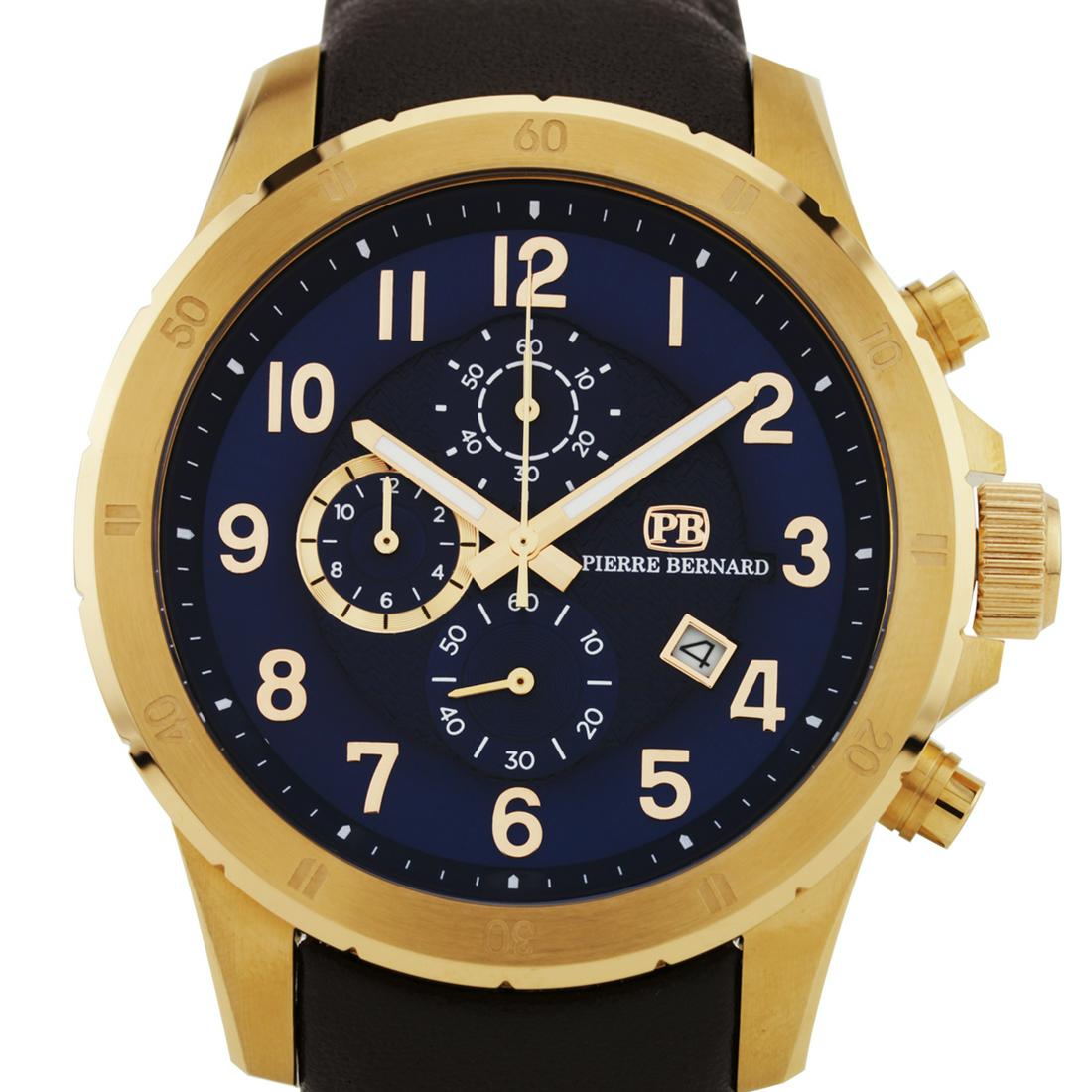 Pierre Bernard Macallan Mens Chronograph Wat: Main Features: True Chronograph Function, Open Date Window, Luminescent Hnads_x000D_ Hands: Luminescent Hnads_x000D_ Case Shape: Round_x000D_ Material: Stainless Steel, Leather_x000D_ Case Thickness: 
