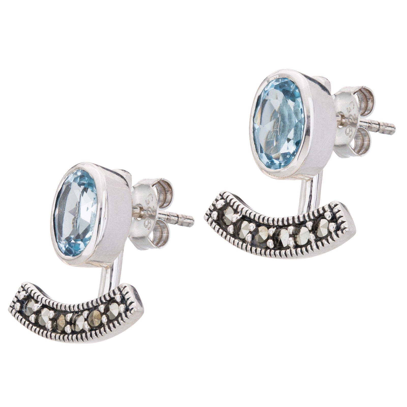 Silver Blue Topaz & Marcasite Jacket Stud Earrings: Versatility is yours with these lovely earrings from the Addison Lane Zenith collection. The smart removable jacket styling provides two distinctly different looks. Beautifully crafted in oxidized ste