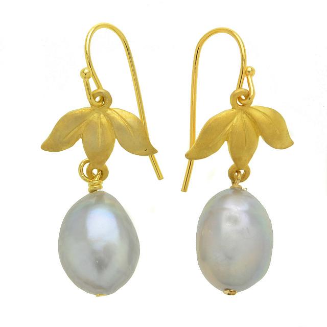 Gold Tone Grey Freshwater Pearl Dangle Earrings (1 of 1)