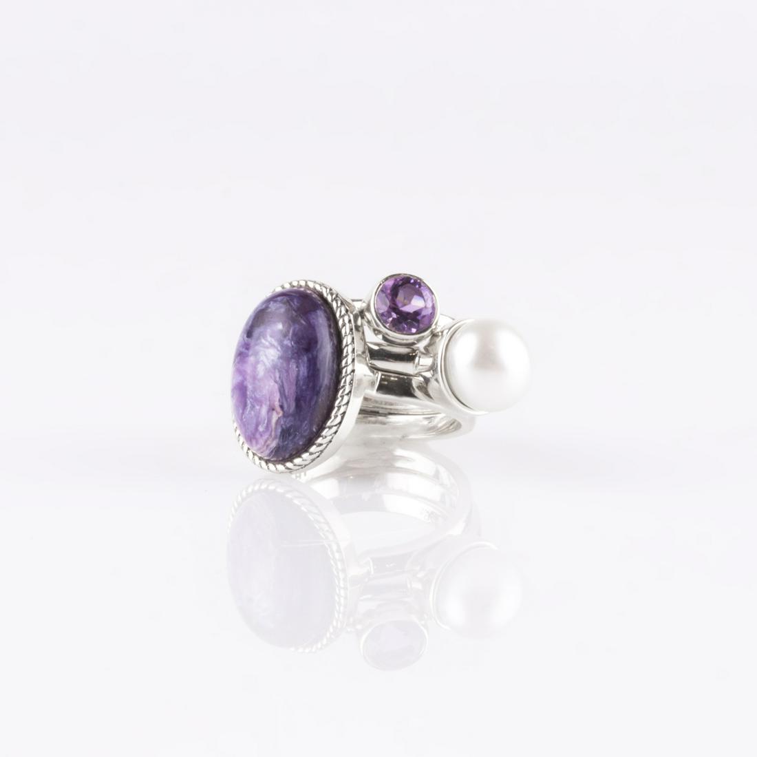Set of Silver Charoite, Pearl & Amethyst Ring-SZ 9 (1 of 2)