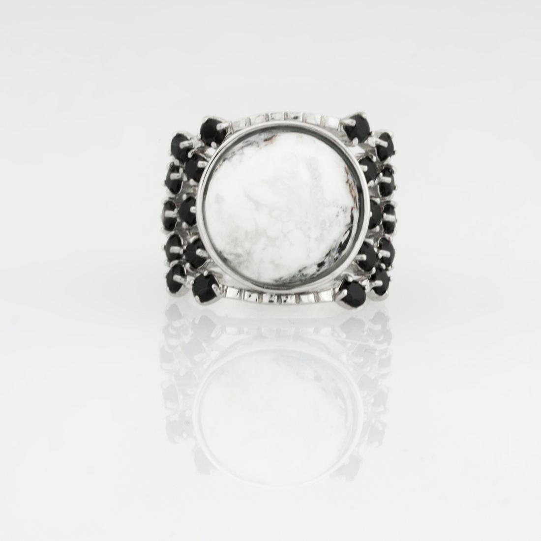 Sterling Silver White Buffalo & Spinel Ring-SZ 9: A large round opaque gemstone cabochon in your choice of color establishes the gravity that attracts all that wonderful attention. Sparkling cut gemstones in a complementing color bubble up brightly i