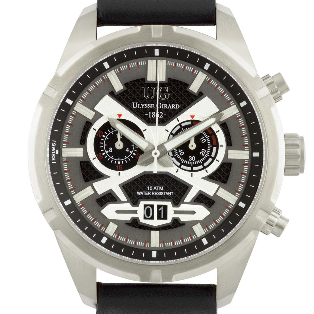 Ulysse Girard Men's Swiss Chronograph Watch: Main Features: Swiss Ronda 5020.B Quartz Movement, Multi-Functions, Visible Date Window_x000D_ Hands: Luminescent hands_x000D_ Case Shape: Round_x000D_ Material: Stainless Steel, Leather_x000D_ Case T