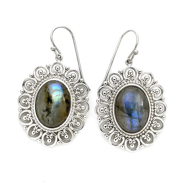 Sterling Silver Oval Labradorite Drop Earrings: Metal: Rhodium over sterling silver_x000D_ Stone Information: Two oval 18 x 13mm grey labradorite cabochons_x000D_ Setting Type: Adhesive_x000D_ Measurements: 1-7/8"L x 1-1/16"W x 1/4"H_x000D_ Backing