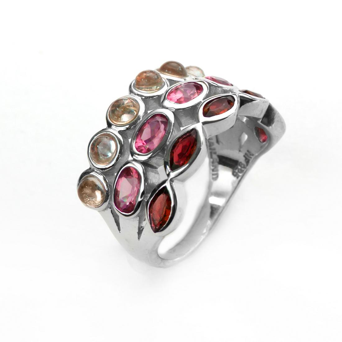 Sterling Silver Garnet Three-Row Band Ring-SZ 7: Pangea Mines styles an impressive new design with this lovely three-row ring. Beautifully crafted in gleaming rhodium over sterling silver and lavishly adorned with genuine rhodolite garnet, hessonite