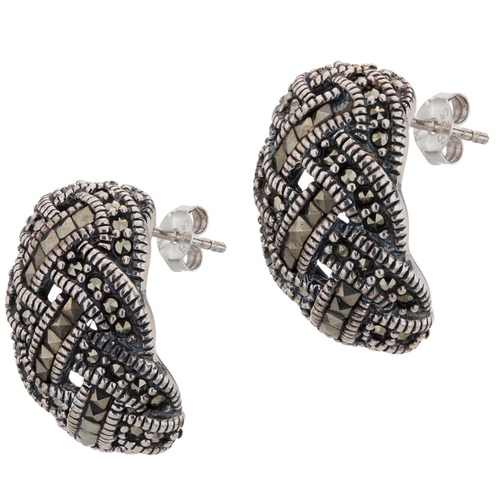 Silver Basketweave Marcasite Half Hoop Earrings: Metal: Rhodium over sterling silver_x000D_ Stone Information: Marcasite 2mm square cut and 1mm round cut_x000D_ Setting Type: Bezel/Adhesive/ Prong_x000D_ Measurements: 22mm L x 14mm W x 6 mmH_x000D_ 