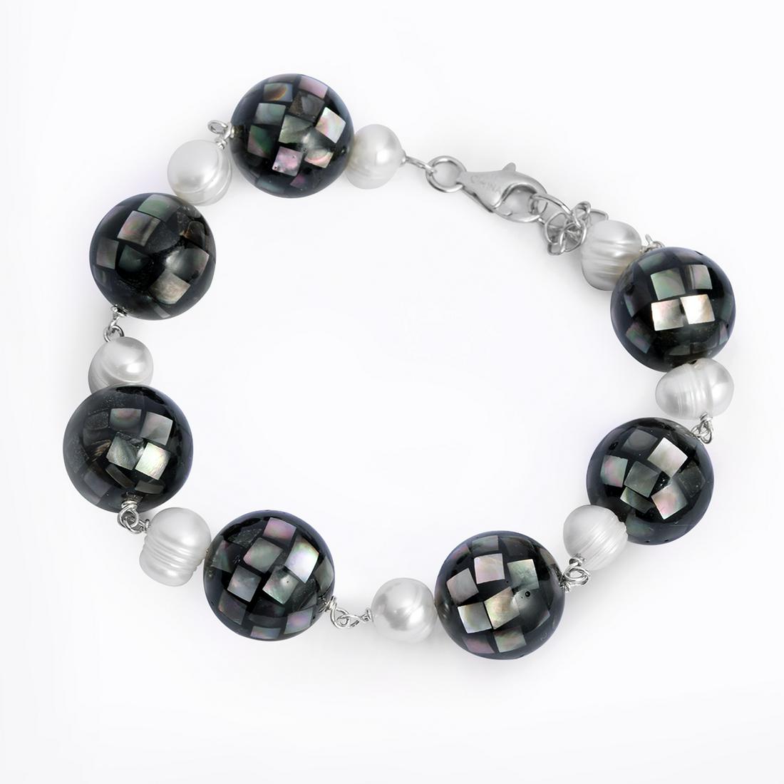 Silver Black Mosaic & Pearl Bead Bracelet 8" (1 of 1)